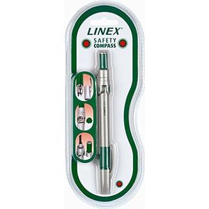 LINEX 100411029 pennenbakje Safety Compass precisiepasser met rubberen greep reservevullingen in het handvat veiligheidskap geschikt voor transport in etui geometrie-cirkel in zilver-groen