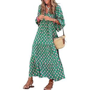miduo Dames losse pasvorm casual zomer V-hals halve mouw Boheems geometrisch patroon maxi lange jurken, Een Groene 002, M