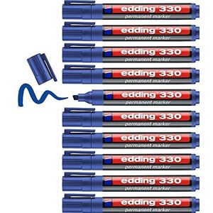 edding 330 permanent marker - blauw - 10 stiften - beitelpunt 1-5 mm - watervast, sneldrogend - wrijfvast - voor karton, kunststof, hout, metaal, glas