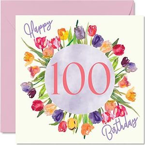 Mooie 100e verjaardagskaarten voor vrouwen - Aquarel Tulpen Bloemen Boeket - Gelukkige Verjaardagskaart voor haar Oma Nanny Gran Verjaardagscadeaus, 145 mm x 145 mm Mooie bloemen wenskaarten cadeau