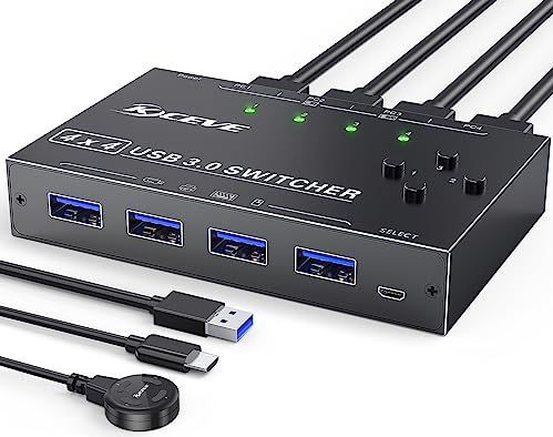MLEEDA USB 3.0 Switch Selector 4 Poort, KVM Switch 4 Computers delen 4 USB-apparaten,met Bedrade Afstandsbediening Knop en 4 USB 3.0 Kabel