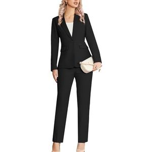 Kelyaa Dames getande revers één knop slim fit zakelijke kantoor werk smoking blazer broek set 2-delig pak, Zwart, L