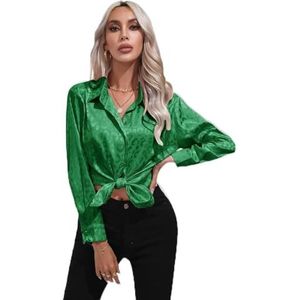 Clotth - Dames Hemd - Groen - Satijnen Imitatie Zijde - Lange Mouwen