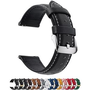 Fullmosa horlogeband 19mm, Axus serie lederen band vervangende horlogeband met roestvrijstalen metalen sluiting voor mannen vrouwen, Zwart + Zilveren Gesp