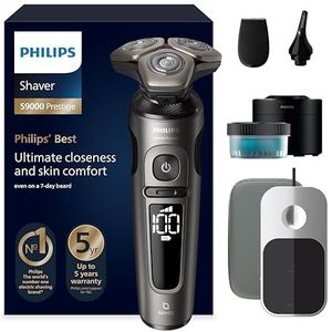 Philips Shaver S9000 Prestige, elektrisch scheerapparaat nat en droog, Champagne Goud, SkinIQ-technologie, hoogwaardig opbergetui, Qi-oplaadpad, precisietrimmer, neustrimmer reinigingspod, SP9882/36