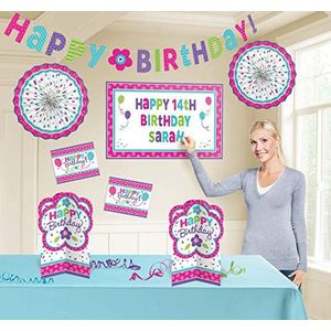 Amscan 241142 decoset Birthday personaliseerbaar, 11-delig, roze & turquoise, Amerikaanse maat