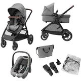 Maxi-Cosi Zelia S Trio Kinderwagen 3 in 1 Set, 0 - 4 Jaar, Tot 22 kg, Inklapbaar, Compact en Verstelbare Wandelwagen, Inclusief CabrioFix S i-Size Autostoeltje, Accessoires, Luiertas, Grijs