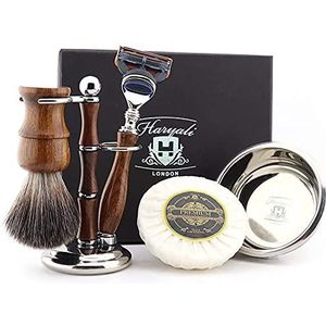 Haryali London Scheerset - 5 stuks houten scheerset - 5 kanten scheerblad scheerscheermes - super dassenhaarborstel - scheerzeep - scheerschaal - scheerstandaard