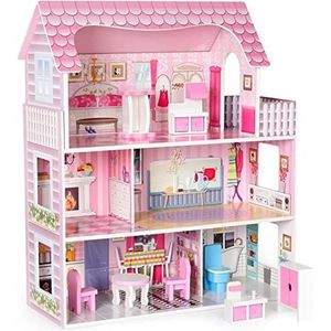 Poppenhuis van hout, roze poppenhuis met meubels en accessoires, voor meisjes vanaf 3 jaar