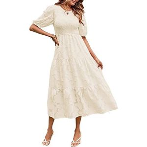 MEROKEETY Vrouwen 2023 Zomer Pofmouw Gesmokte Bloemen Jurk Ronde hals Kant Vloeiende Tiered Midi Jurken, Beige, M