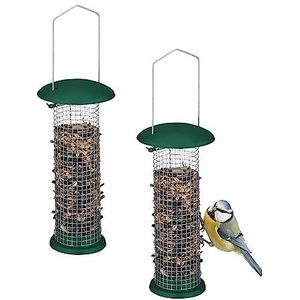 Relaxdays voedersilo vogels, set van 2, hangend, vogelvoersilo voor tuinvogels, H x Ø: 31 x 10 cm, metaal, groen/zilver