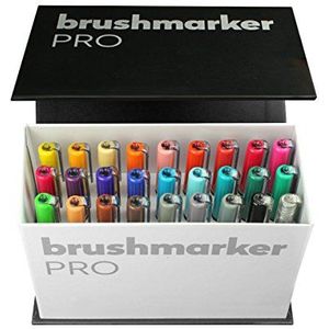 KARIN Mini Box Brushmarker PRO Brushmarker Pro 26 stuks + 1 blender transparante behuizing met Ink-Free System, 2,4 ml vloeibare kleur. Geen viltstiftmarker