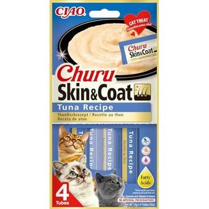 Churu Skin & Coat van INABA Cat Treat - Tonijn - 1 pak (4 x 14 g totaal) / Zachte & Romige kattentraktatie, heerlijke en gezonde snack, puree voedselhouder, natuurlijk, graanvrij