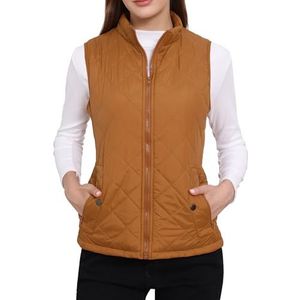 Allegra K Woman Zip Up Front Stand Collar Slant Pockets Quilted Padded Vest Medium Saddle Brown
