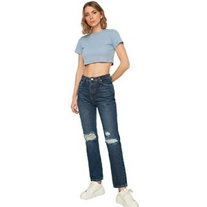 TRENDYOL Dames gescheurde gedetailleerde hoge taille bootcut jeans, blauw, 34
