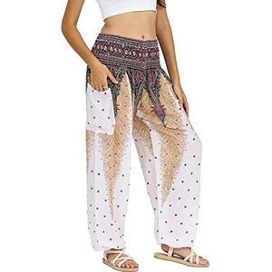 LOFBAZ Harembroek voor Vrouwen Yoga Boho Hippie Kleding Dames Palazzo Bohemien Pyjama Strand Indiase Zigeuner Genie Kleding Pauw 1 Wit M