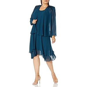 S.L. Modieuze plussize jurk met lagen, dames, verfraaid ontwerp, moeder van de bruid, met jas, bruiloft gast, formeel evenement, 16 Plus