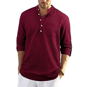Enlision Heren Casual Katoenen Shirt Lange Mouw Button Down Zomer Lichtgewicht Henley Shirt Tops, Bordeaux, XL