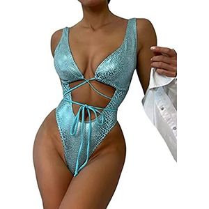 Newfancy Womens Rave Wear One Piece Bodysuit Snakeskin Print Sexy Mentalic Halter Swimsuit for Festival Dance Rave Clothing Turquoise