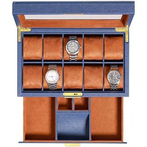 ROTHWELL Lederen horlogedoos met 10 sleuven en valet lade - luxe horlogekast display organizer, ultrazachte microsuède voering, vergrendelende sieraden horloges houder met groot glazen blad