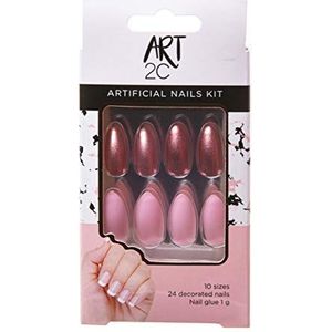 Art 2C A2C-WM044 - Kunstnagelset, met lijm, passende vorm, gemakkelijk te verwijderen, 24 versierde nagels, 10 maten - mat en chroom roze, 044,