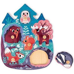 Janod - Happy Forest Puzzle 6 Pieces (Wood) - Develops Fine Motor Skills and Concentration - From 18 Months Old, J07097