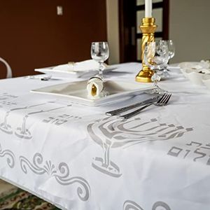Elegant wit en zilver Chanoeka tafelkleed - groot rechthoekig formaat met Menorah ontwerp voor Pascha, Shabbat Shalom en Joodse festivals - anti-vlek, anti-rimpel - waterbestendig (140 x 230 cm)