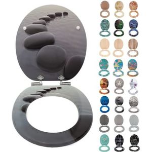 SINOBATH Wc-bril met softclosemechanisme, vele kleurrijke motieven, toiletdeksel van hout, stabiele kwaliteit, eenvoudige montage, Black Stones