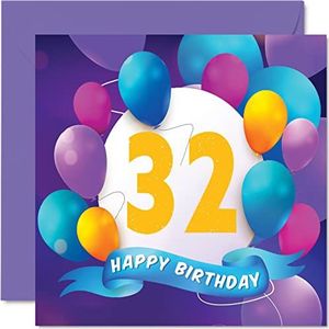 32e verjaardagskaart voor mannen vrouwen - ballonfeest - gelukkige verjaardagskaarten voor 32 jaar oude man vrouw broer zus mama papa tante oom beste vriend neef, 145 mm x 145 mm verjaardag wenskaarten cadeau
