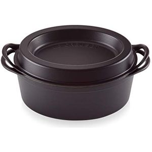 Le Creuset Geëmailleerde gietijzeren ovale Doufeu braadpan, met holle deksel voor maximale vochtigheid, 32 cm, 6,9 liter, satijnzwart, 250843200