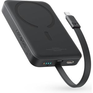 Baseus Magsafe Powerbank PD 30 W, 10000 mAh magnetische externe batterij met geïntegreerde USB-C kabel (aan/uit) voor iPhone 15/14/13/12-serie, mini powerbank, klein maar krachtig, zwart