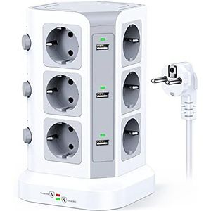 KOOSLA - 12-voudige Stekkerdoos - Wit - 4000W/16A - 6 USB-poorten - 1500J Overspanningsbeveiliging