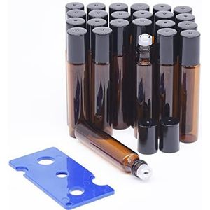 BOUNHOHE 10 ml amberkleurige glazen rolflessen, 24 stuks kleine monstervormige glazen flessen met roestvrijstalen rolballen voor reizen, parfum en lipgloss