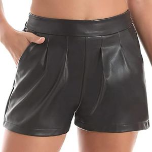 Everbellus Womens mode faux lederen shorts met zakken casual wijde pijpen shorts - zwart - medium, Zwart, M