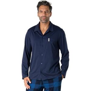 Eminence - Lange pyjama voor heren camper - jersey 100% gekamd katoen - jas met knopen en lange mouwen + broek met 2 zakken - Oeko-Tex®-label Standard 100, Marine/Pruisisch Blauw, S