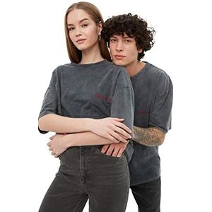 Trendyol Heren Anthracite Unisex Oversize Wash Effect T-Shirt, XS