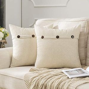 MIULEE Kussenhoezen, 2-delige set decoratieve kussenhoezen in linnenlook, met knopen, voor bank, slaapkamer en woonkamer, 40 x 40 cm, crèmewit