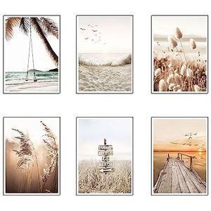 DKORARTE Set van 6 A4 wandafbeeldingen decoratieve wandafbeeldingen woonkamer decoratie moderne slaapkamer kamer zonder lijst landschap strand natuur (29,7 x 21 cm)