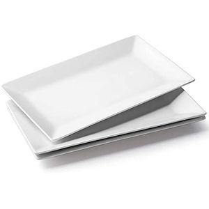 DOWAN Platte borden, rechthoekig, wit, servies voor vlees, voorgerechten, dessert, levensmiddelen, feest, 36 x 20 cm, 3 stuks