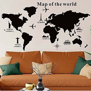 BAKAJI Zwarte Tafel Puzzel Globe PVC Muursticker Set Krijt Teken Land Reizen Landkaart Decoratie Huis Muur Grootte 102 x 50 cm Modern Design