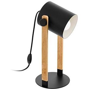 Eglo Tafellamp Hornwood, 1-vlammige vintage tafellamp in industrieel design, retro bedlampje van staal en hout, kleur: zwart, crème, bruin, fitting: E