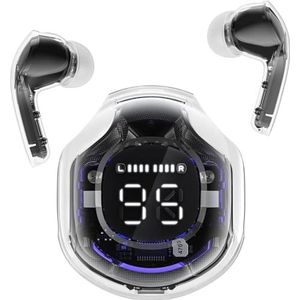 Clear Beat draadloze hoofdtelefoon Bluetooth 5.3, transparant design, kristalhelder geluid, IPX4 waterdicht, beschermhoes met smartphone-opladen, geïntegreerde microfoon, looptijd 2-3 uur, USB-C