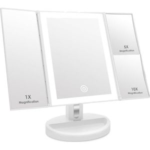 Auxmir Make-up spiegel, 3-Zijdige Spiegel met LED-Verlichting en Touchscreen, 1x 5x 10x Vergroting, Werkt op Batterijen en USB, Aanrecht Cosmetische Spiegel (Wit)