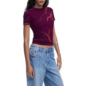 T-shirt - Geribd - Abstracte Bloemenstrepenprint - Korte Mouwen - Regular Fit