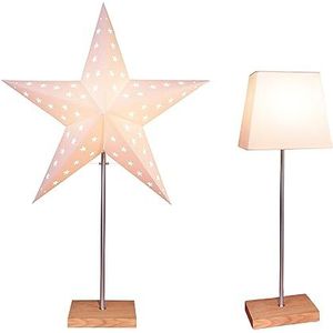 Tafellamp met wisselscherm Leo van Star Trading, 3D papieren ster Kerstmis of hoekige lampenkap in wit met voet van hout en metaal, decoratieve ster tafellamp met kabelschakelaar, E14, hoogte: 65 cm