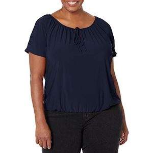 Star Vixen womens Star Vixen Women's Short/Slit Sleeve Keyhole-tie Peasant Top Bubble Hem Blouse, Navy Solid, Medium US