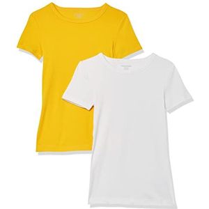 Amazon Essentials Women's T-shirt met korte mouwen en ronde hals in slanke pasvorm, Pack of 2, Wit/Goud, L