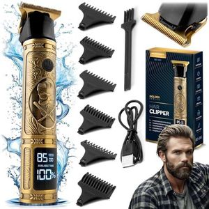 Berdsen Tondeuse, professioneel scheerapparaat voor heren, elektrische baardtrimmer, baardtrimmer, 6 opzetstukken, 1 tot 9 mm, gouden barbell