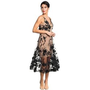Dress the Population Women's Audrey Spaghetti Strap MIDI A-LINE 3D Floral Dress Dress, Black/Nude, XL