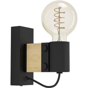 EGLO Wandlamp Bailrigg, wandspot voor woonkamer en gang, FSC100HB, lamp wand binnen van natuurlijk hout en zwart metaal, spot met E27 fitting